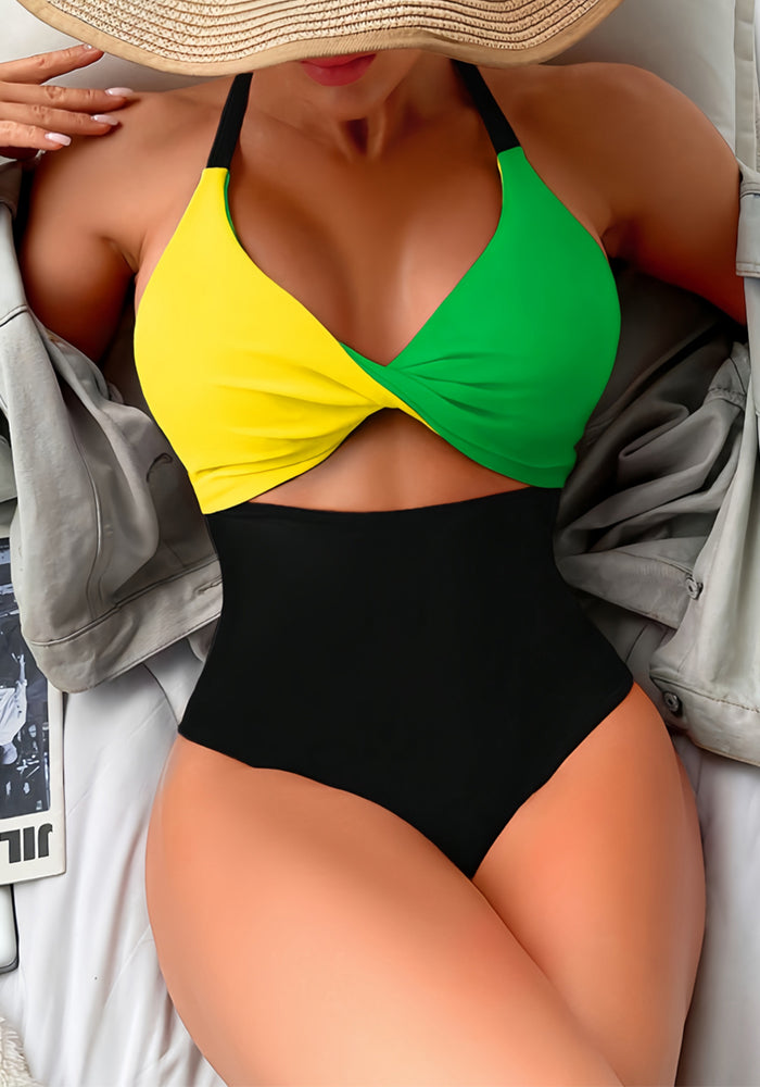 Color Block High Waist Solid One-Piece Swimsuit for Beachwear
