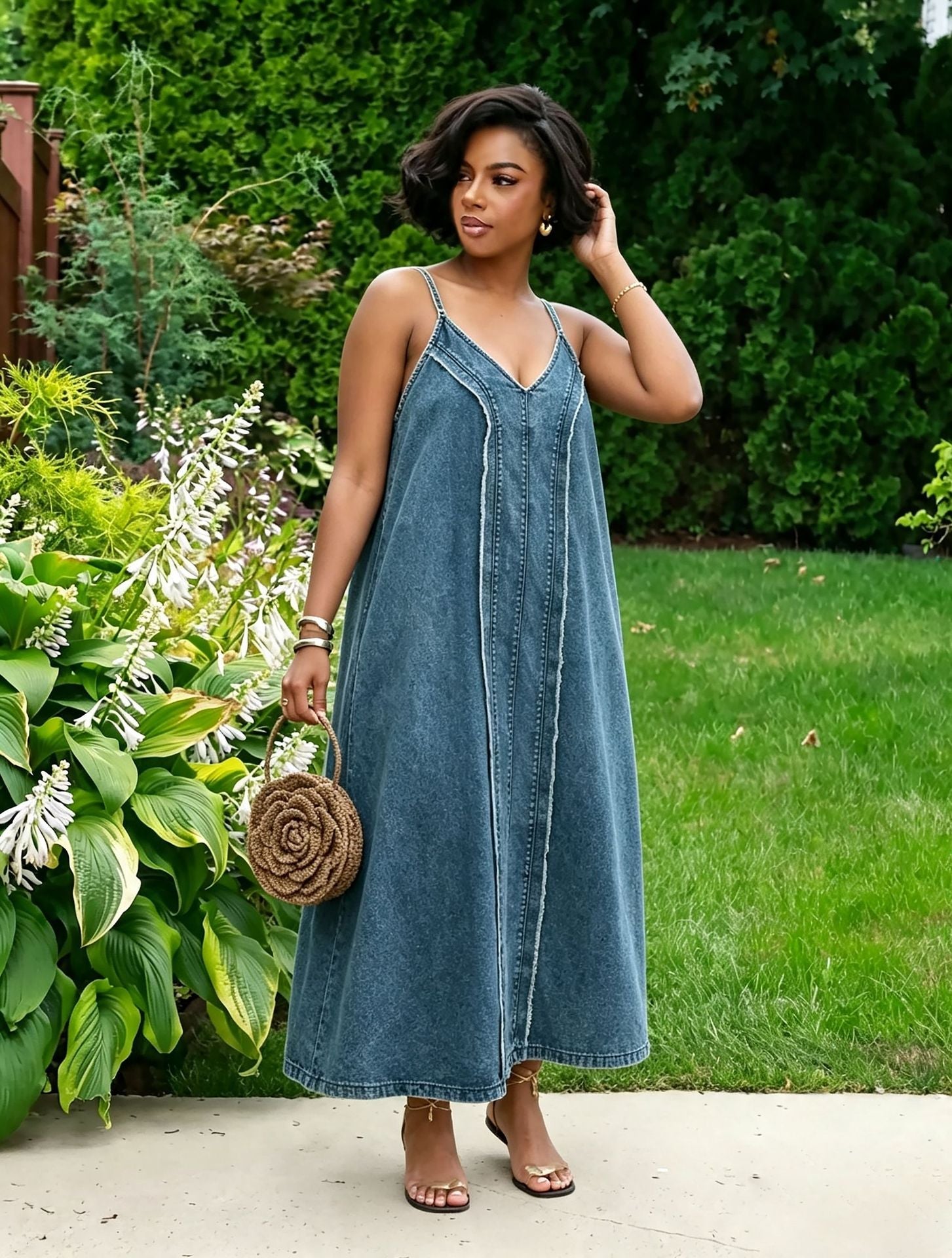 Raw Edge Side Pocket Spaghetti Strap Denim Dress