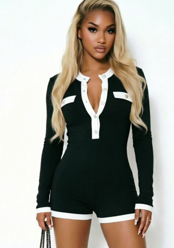 Color-Blocked Button Long-Sleeve Romper for Autumn Casual Wear