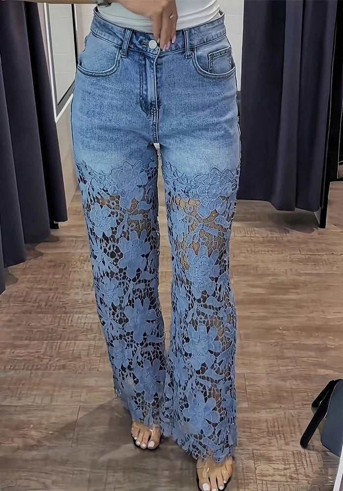 Washed Hollow-Out Lace High Waist Straight Leg Denim Pants for Casual Wear