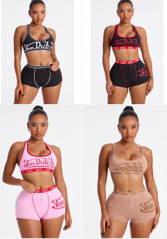 Color Block Letter Print Halter Tank Top & Shorts Two-Piece Set for Summer