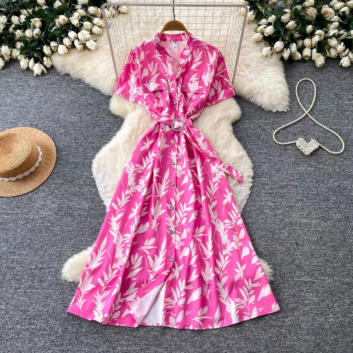 Printed V-Neck Short Sleeve Maxi Dress for Summer