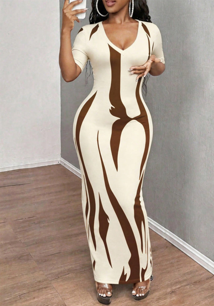 Printed V-Neck Ruched Short Sleeve Dress for Casual Wear