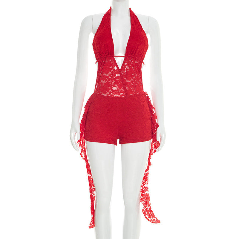 Solid Lace Patchwork Halter Neck Low Back Ruffle Jumpsuit for Party Wear