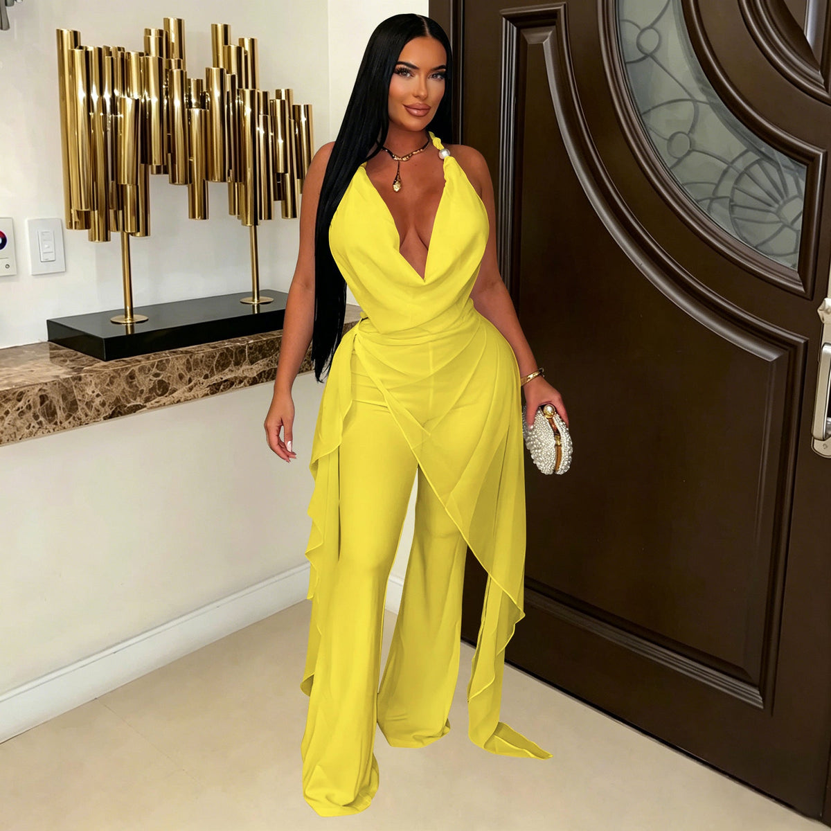 Halter Cowl Neck Irregular Tassel Top & Wide Leg Pants Set for Casual Wear