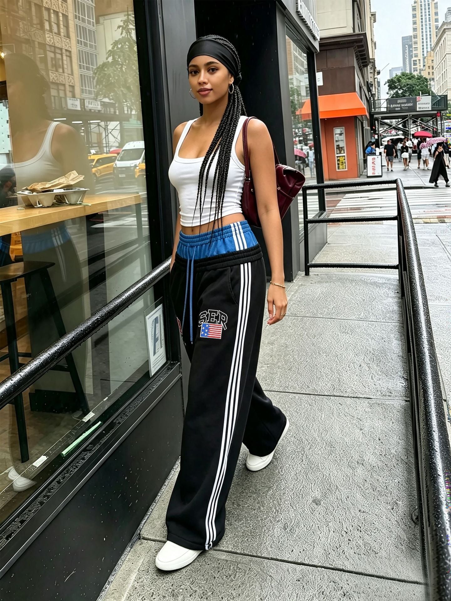 Drawstring Double-Waist Color-Block Patchwork Letter-Embroidered Sweatpants