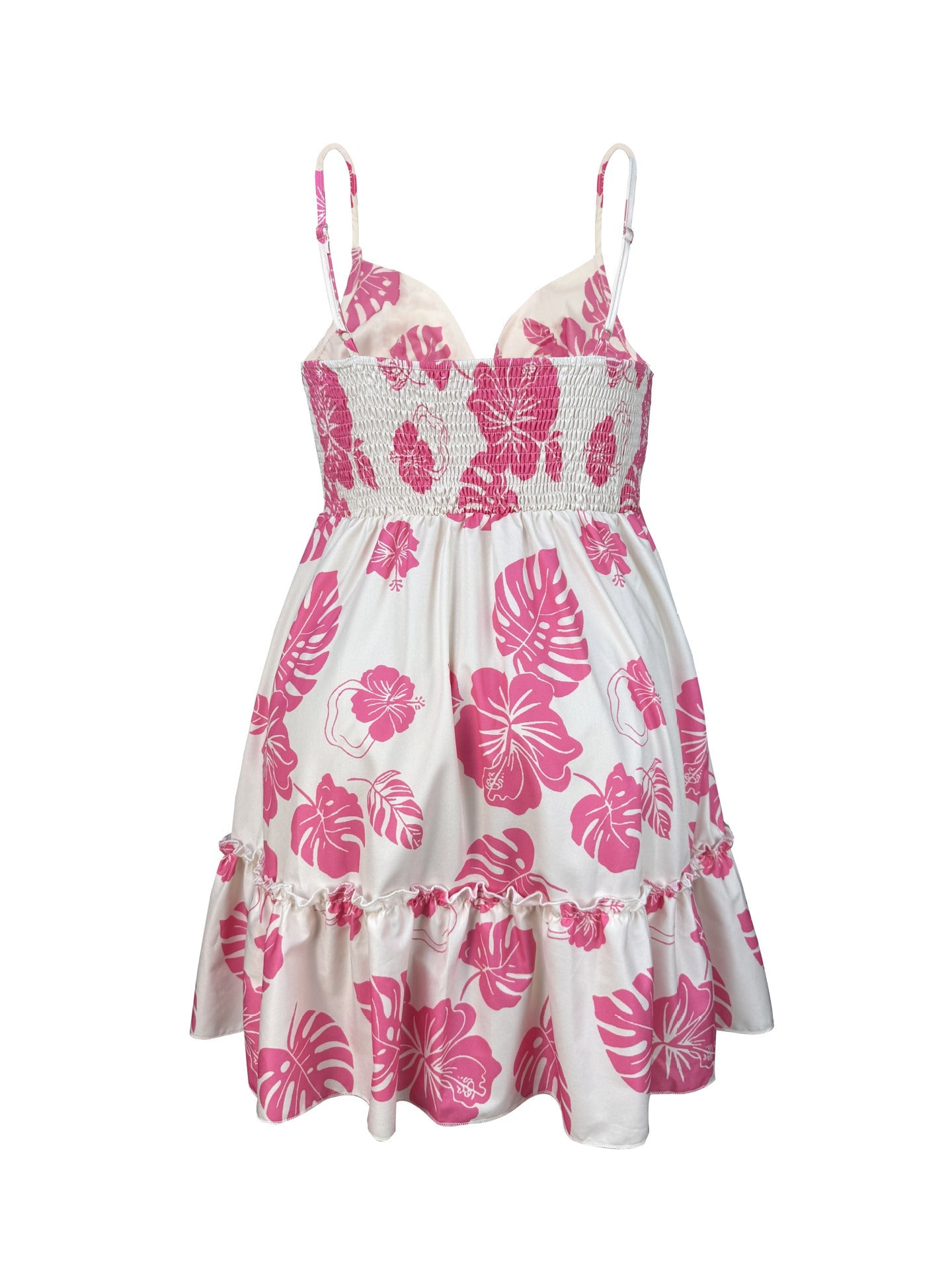 Plus Size Women Printed Strap Dress V-Neck Ruffle Smocked Dress