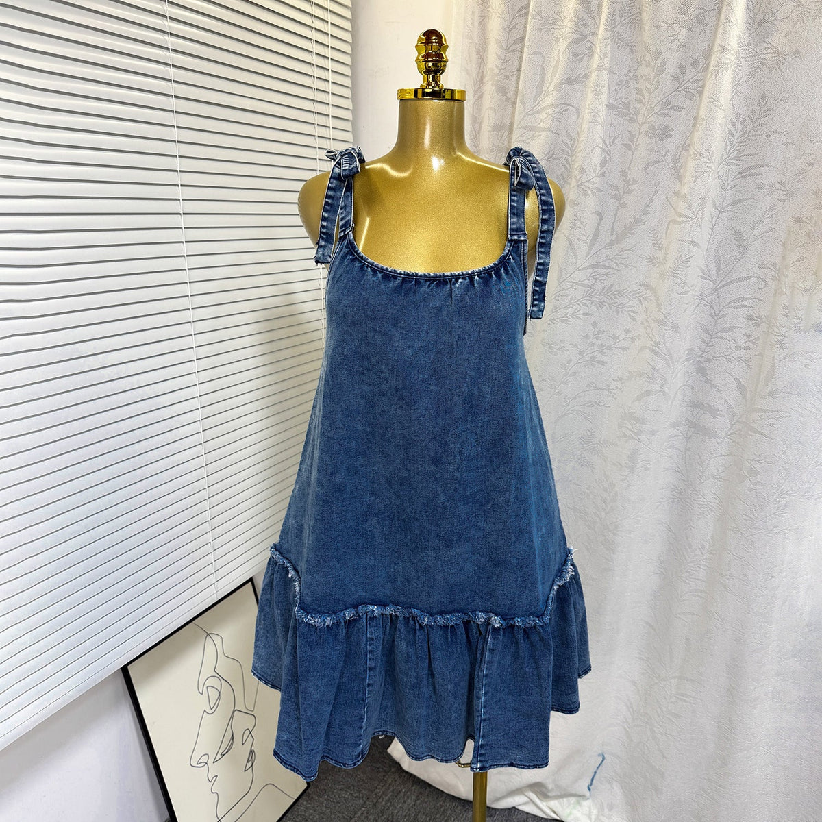 Patchwork Spaghetti Strap Lace-Up Denim Dress for Summer Casual
