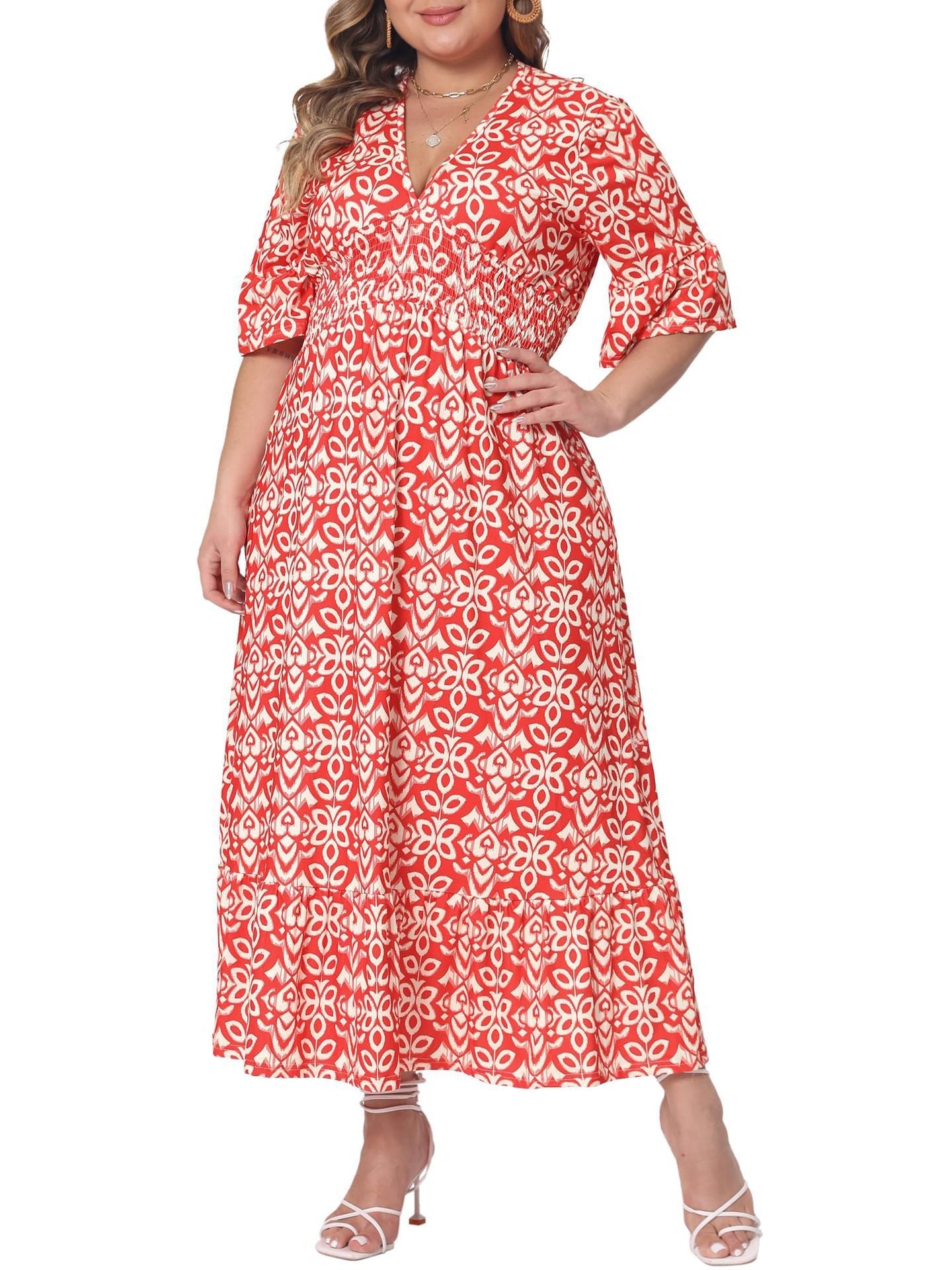 Plus Size Printed Short-Sleeve Maxi Dress for Casual Wear