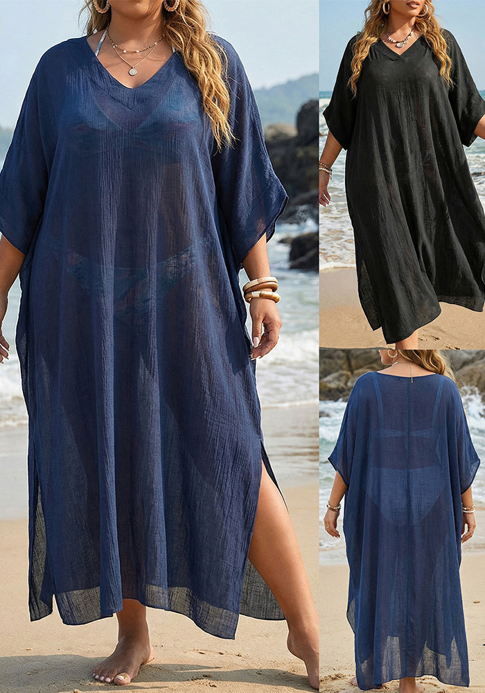 Plus Size V-Neck Loose Slit Beach Cover-Up Maxi Dress for Summer