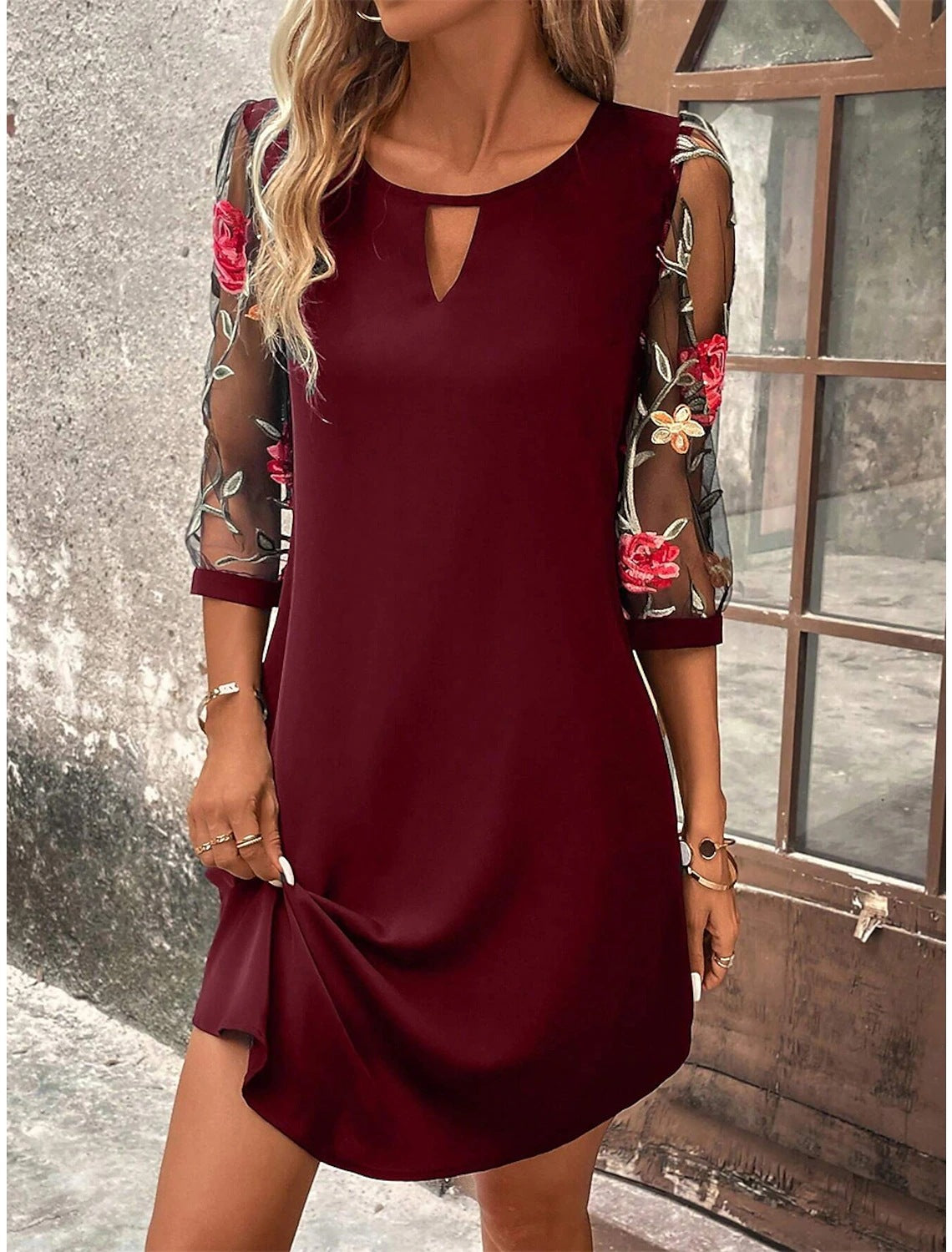 Round Neck Lace 3/4 Sleeve Dress for Summer Events