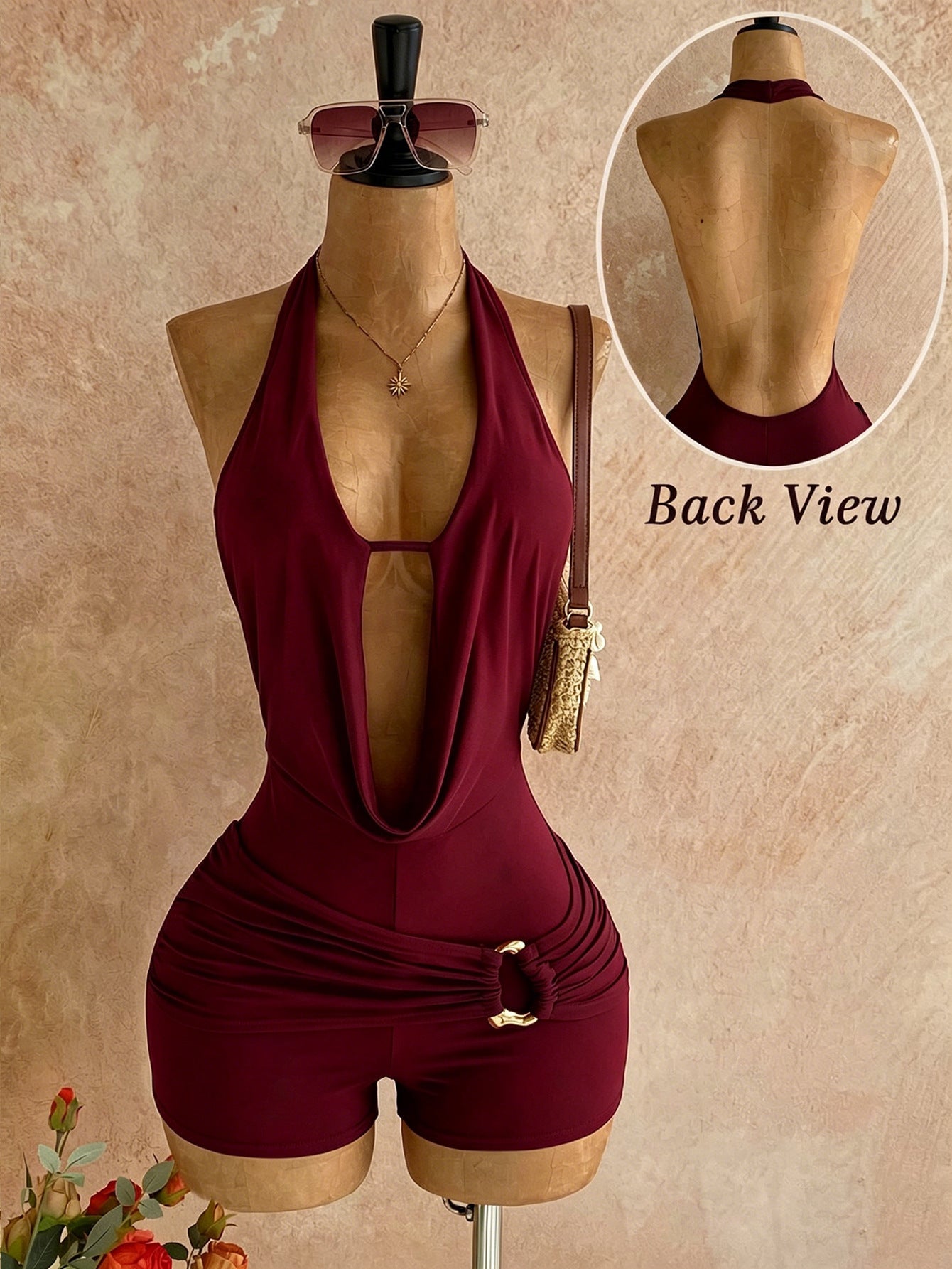 V-Neck Draped Collar Halter Backless Jumpsuit for Evening Wear
