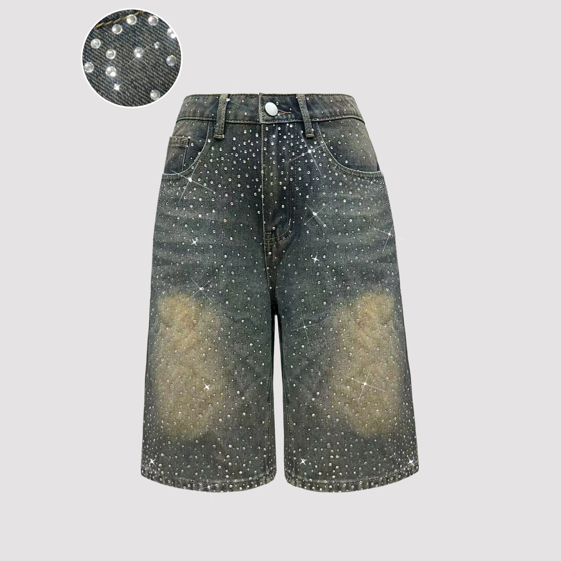 Beaded Wide-Leg Denim Knee-Length Shorts for Spring & Fall Streetwear