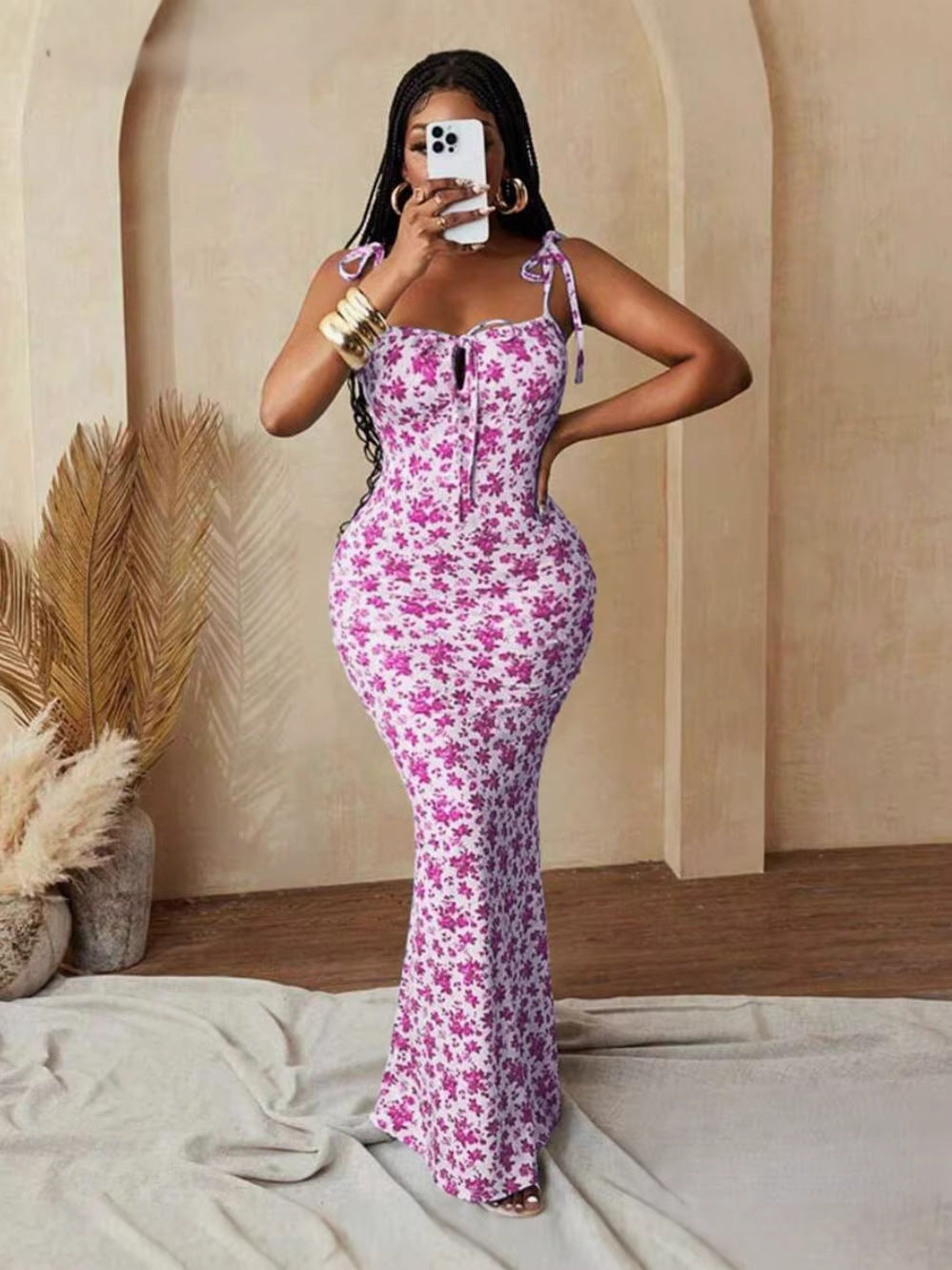Floral Tie-Strap Cami Mermaid Maxi Dress for Summer Events