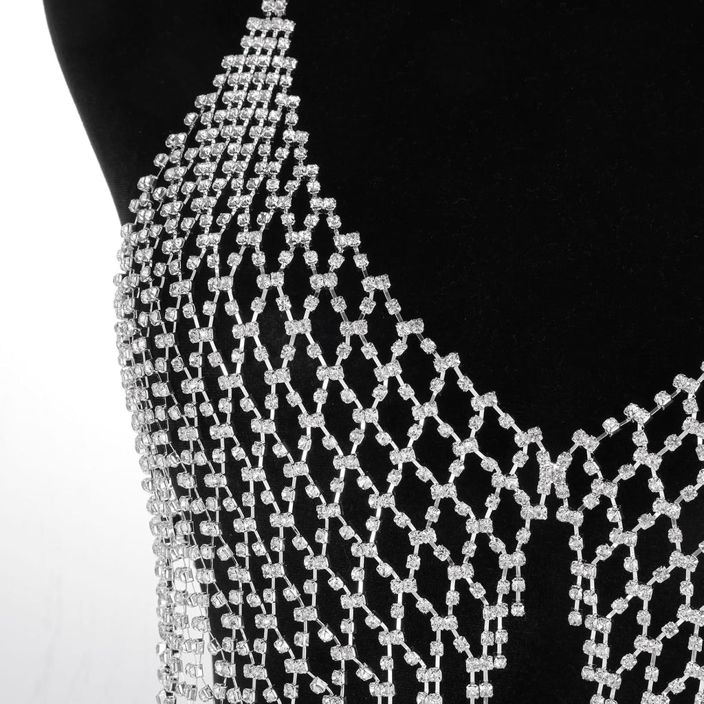 Aethers & Co A18 Rhinestone Chest Chain Bra Body Jewelry for Women Silver Bikini Bra Body Chains