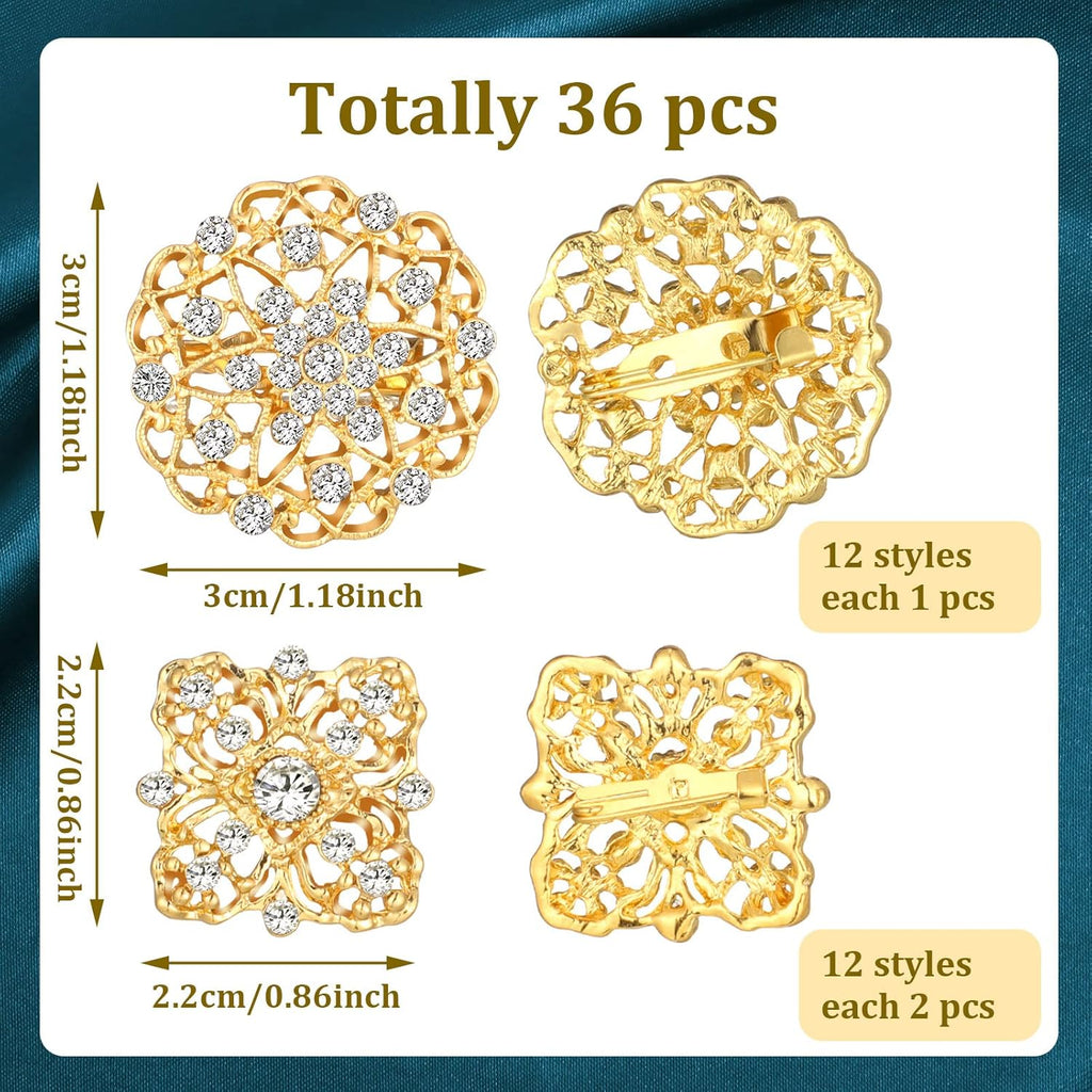 Aethers & Co A1 36 Pieces Clear Rhinestone Brooches for Crafts Crystal Flower Brooch Pins with Rhinestones Sliver Bulk Brooches Jewelry for Woman Flower Lapel Badge Pins DIY Wedding Bouquet Broaches Kit