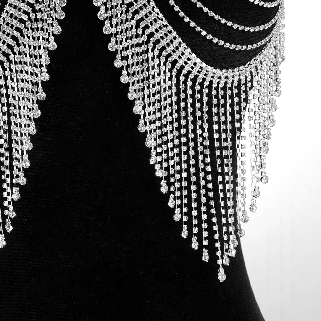 Aethers & Co A18 Rhinestone Chest Chain Bra Body Jewelry for Women Silver Bikini Bra Body Chains