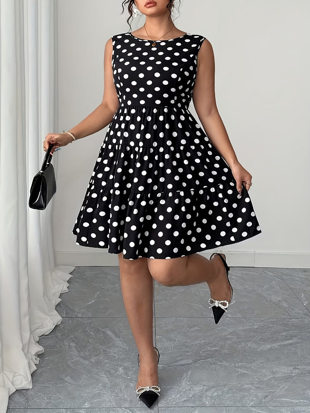 Plus Size Women Summer Polka Dot Retro Slim Waist A-line Dress