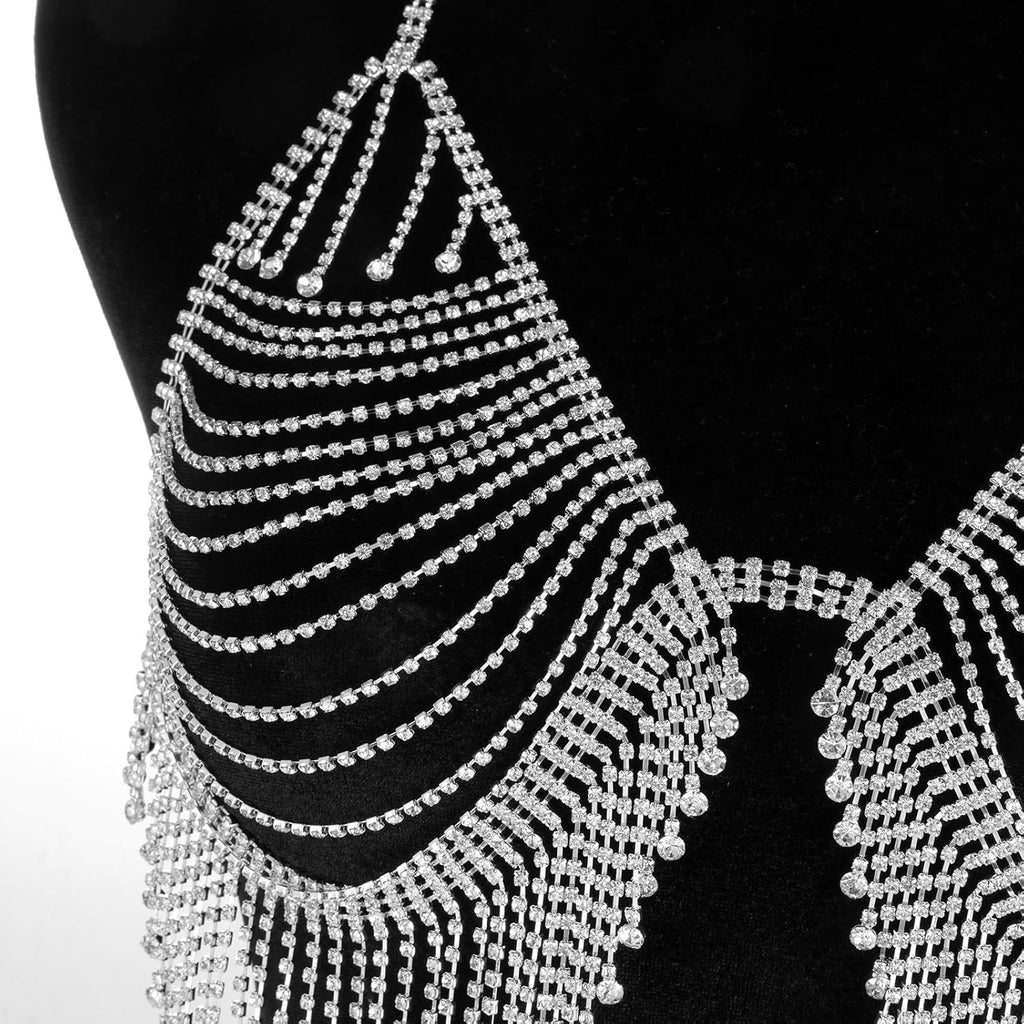 Aethers & Co A18 Rhinestone Chest Chain Bra Body Jewelry for Women Silver Bikini Bra Body Chains