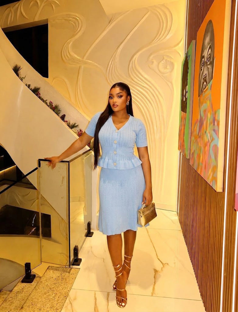 Knitted V-Neck Ruffle Detail Two-Piece Skirt Set for Summer Career Wear