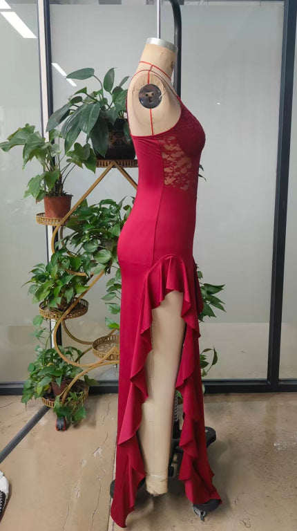 Lace Strap Split Ruffle Edge Bodycon Dress for Summer Parties