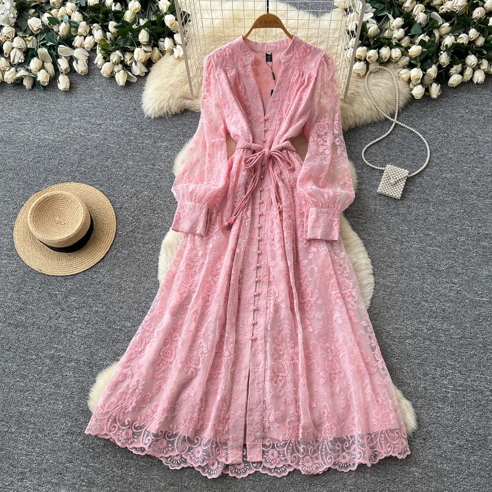 Lace Embroidery V-Neck Long Sleeve Maxi Dress for Summer