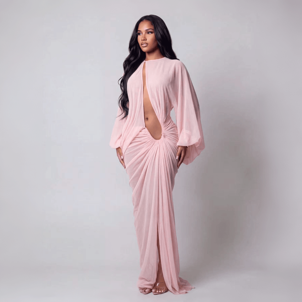 Sheer Cutout Draped Maxi Dress