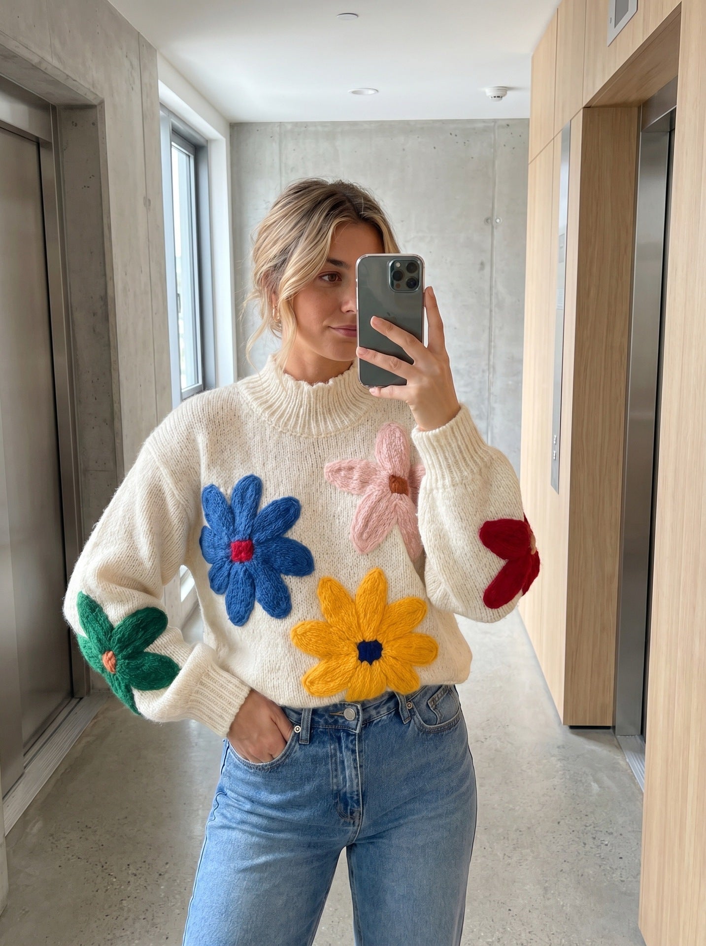 Floral High-Neck Knitted Sweater for Autumn & Winter