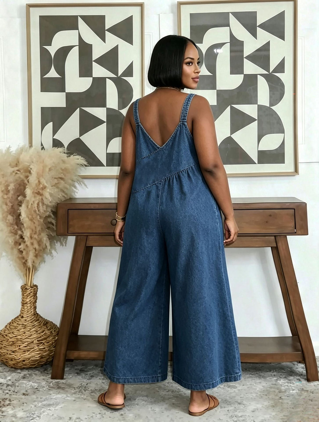 Patchwork Side-Pocket Washed Wide-Leg Denim Overalls