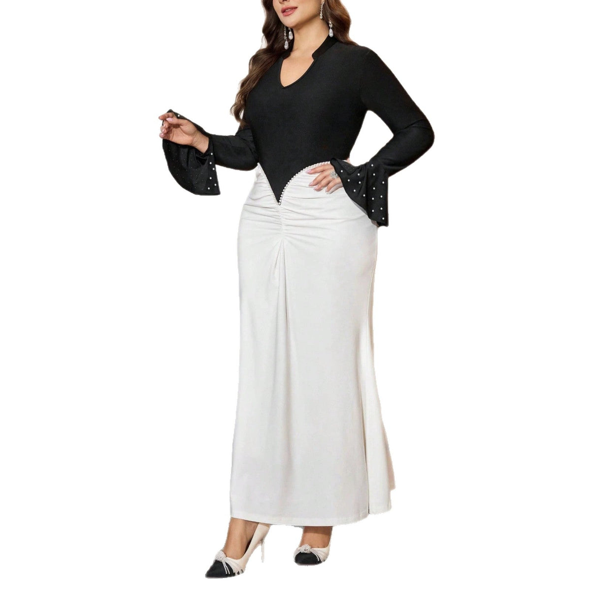 Plus Size Patchwork Beaded Pleated Bell Bottom Sleeve Dress for Formal Parties