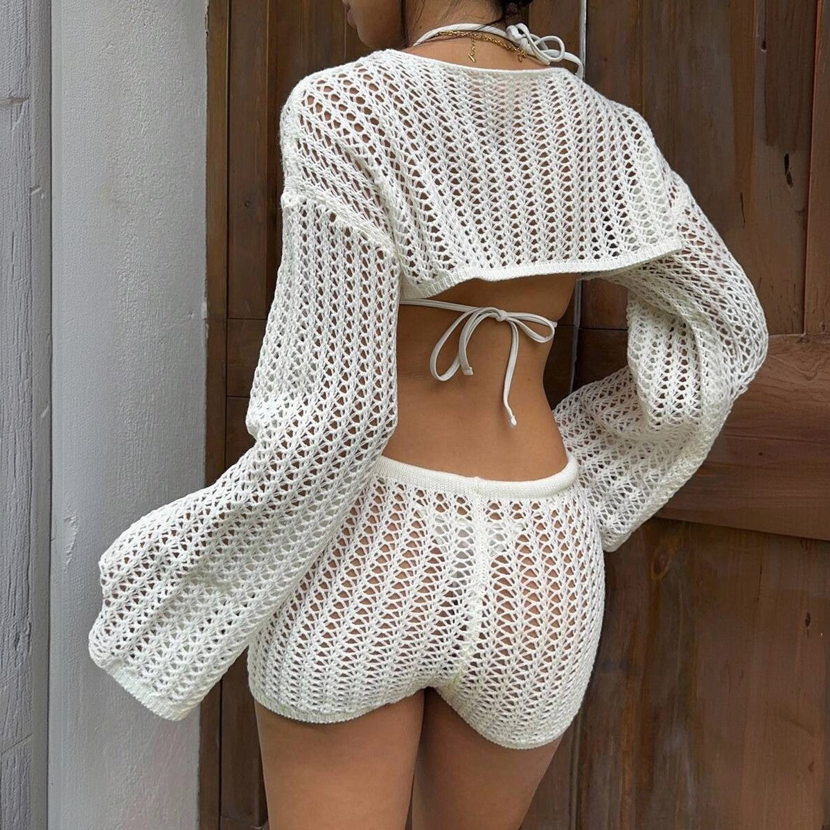 Solid Knitted Hollow-Out Cover-Up Two-Piece Swimsuit Set for Beachwear