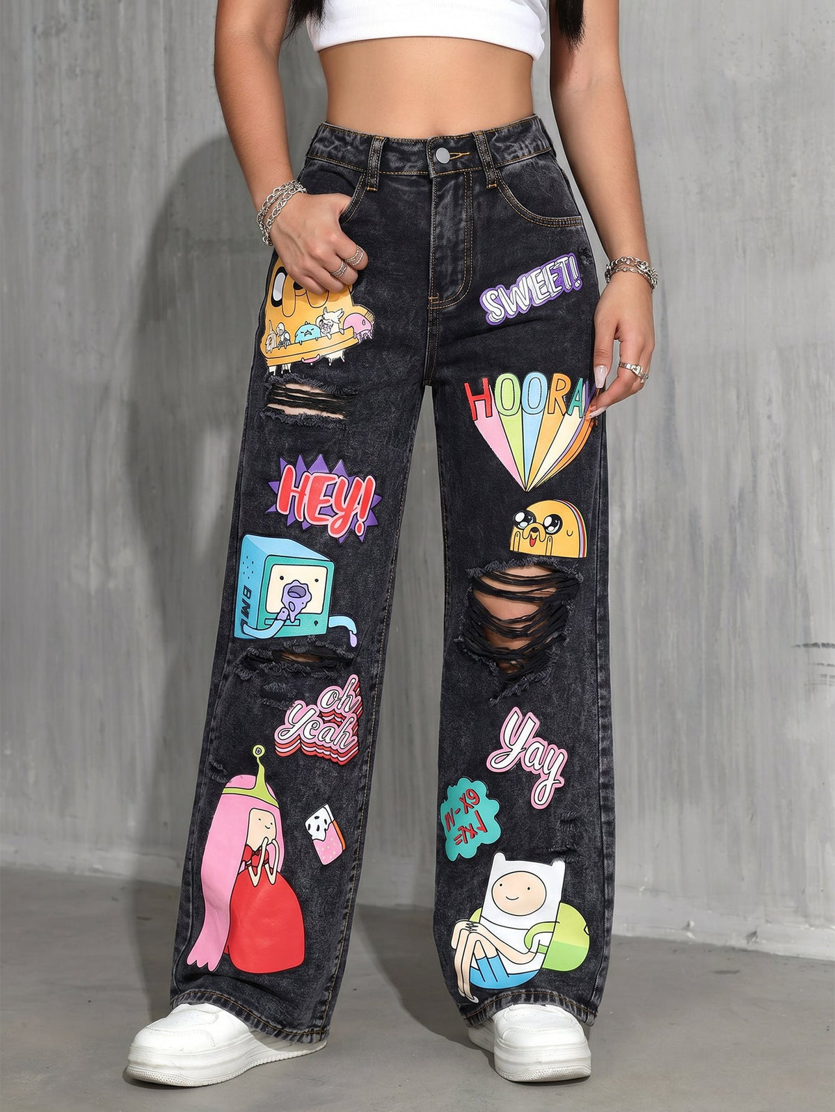 High Waist Washed Printed Ripped Wide Leg Denim Jeans for Casual Streetwear