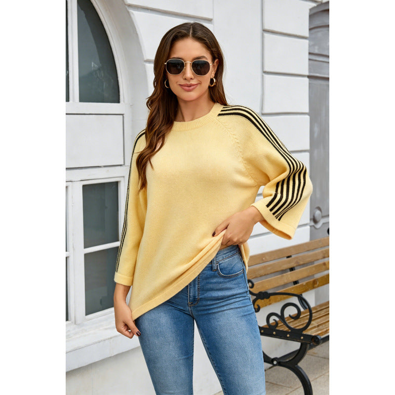 Striped Patchwork Loose Three-Quarter Sleeve Knitted Sweater for Autumn