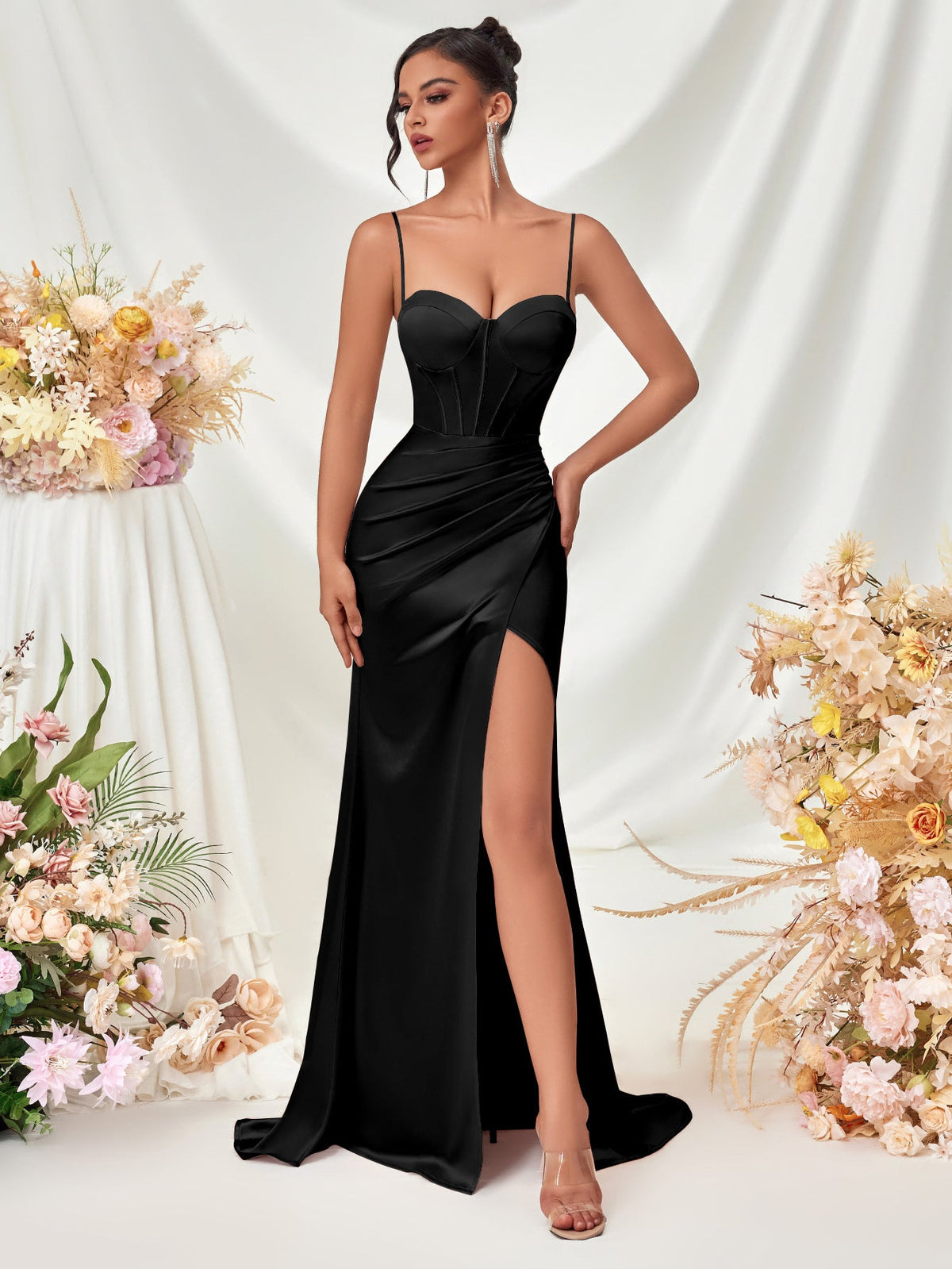 Strapless Slit Spaghetti Strap Maxi Dress for Evening Parties