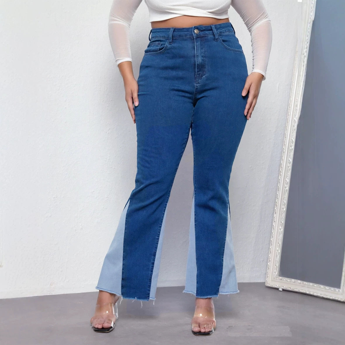Patchwork Stretchy Bell Bottom Denim Pants for Casual Streetwear