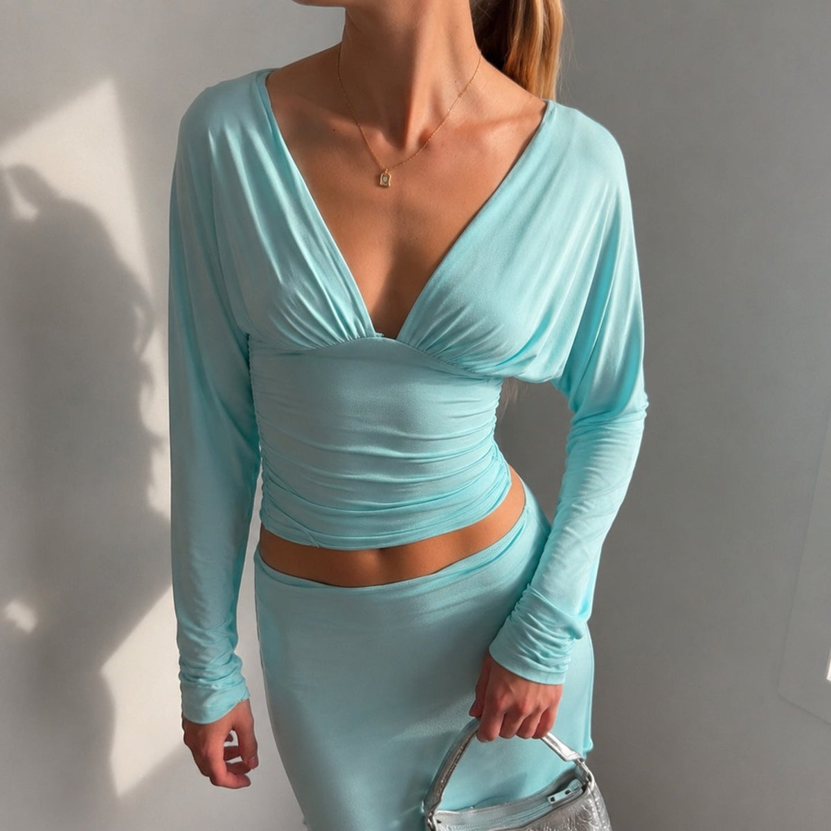 Deep V-Neck Long Sleeve Pleated Slim Waist Top for Evening Wear