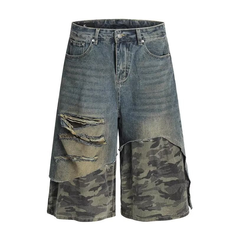 Faux Two-Piece Camouflage Patchwork Ripped Denim Shorts for Streetwear