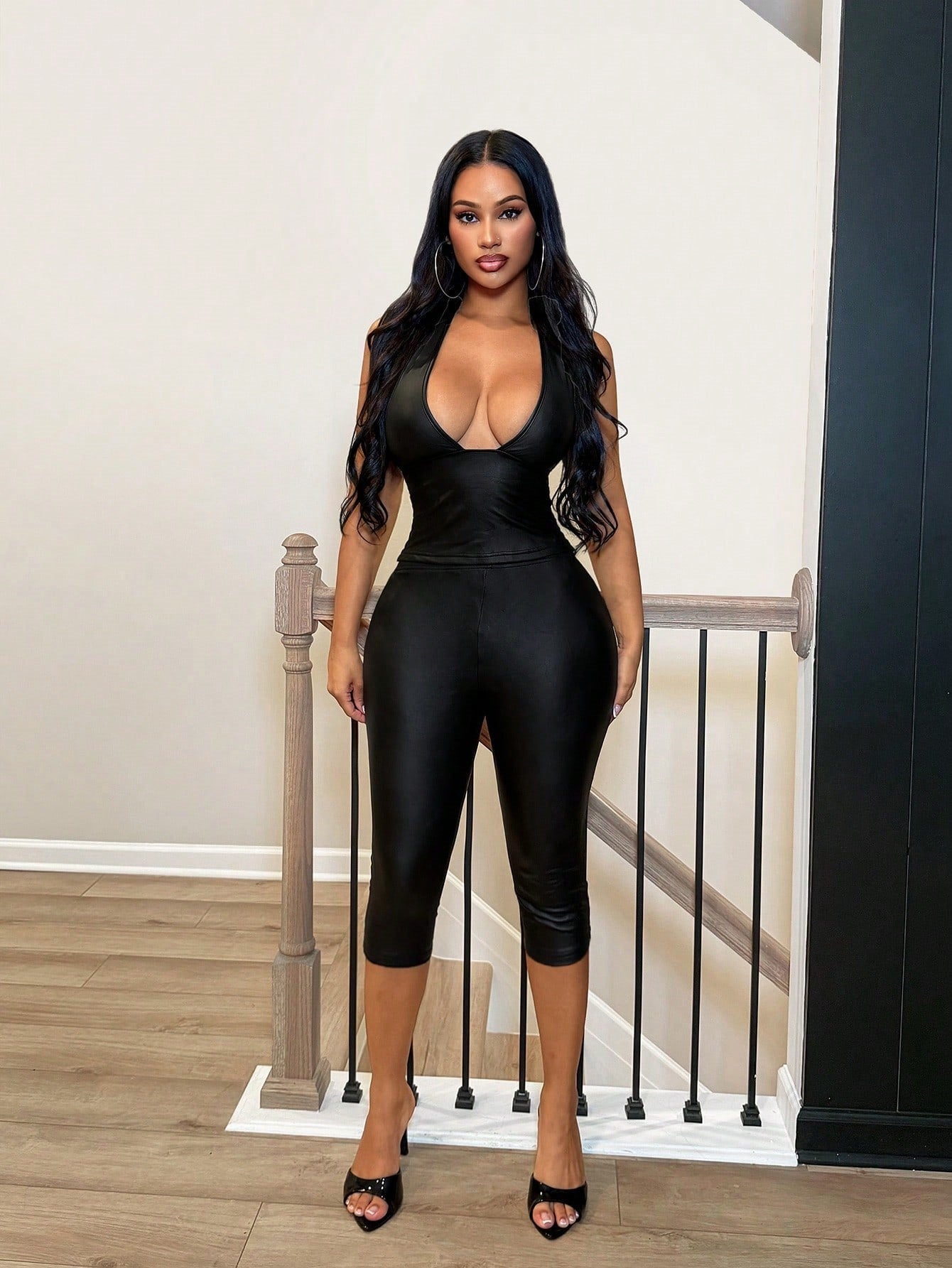 PU Leather Halter Neck Tank Top & Capri Pants Set for Clubwear