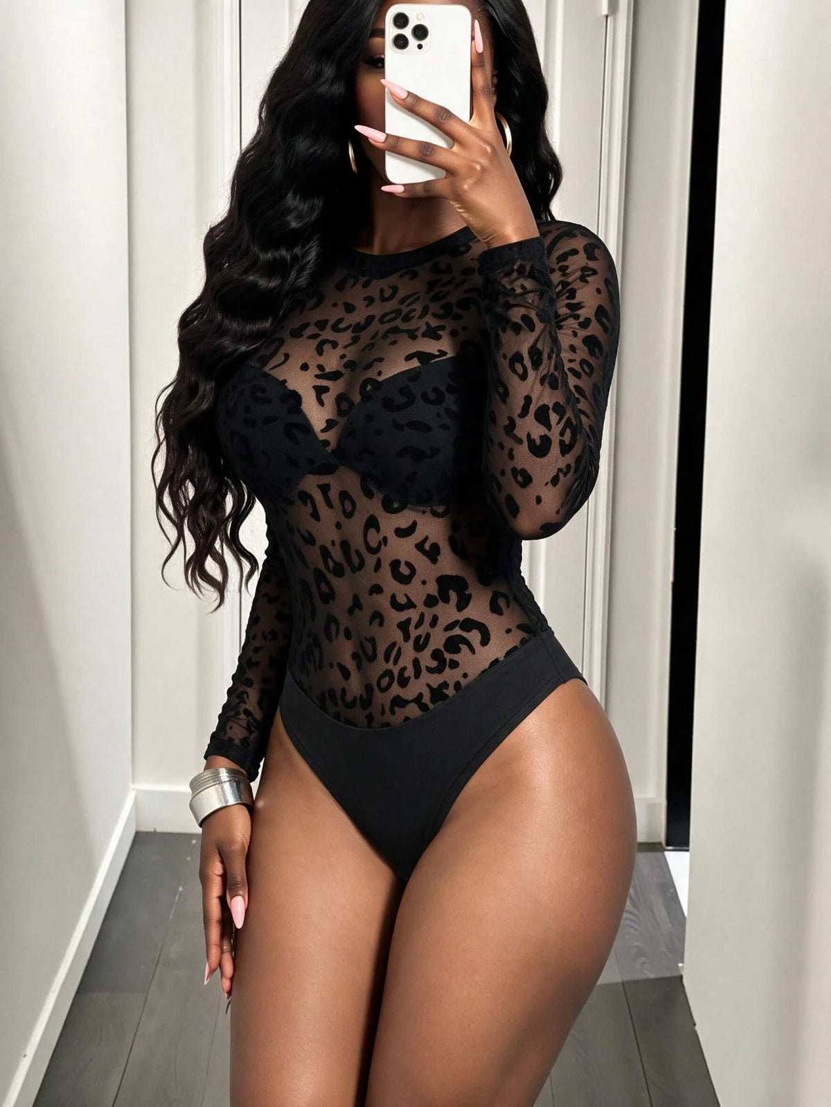 See-Through Mesh Leopard Lace Patchwork Jumpsuit for Clubwear