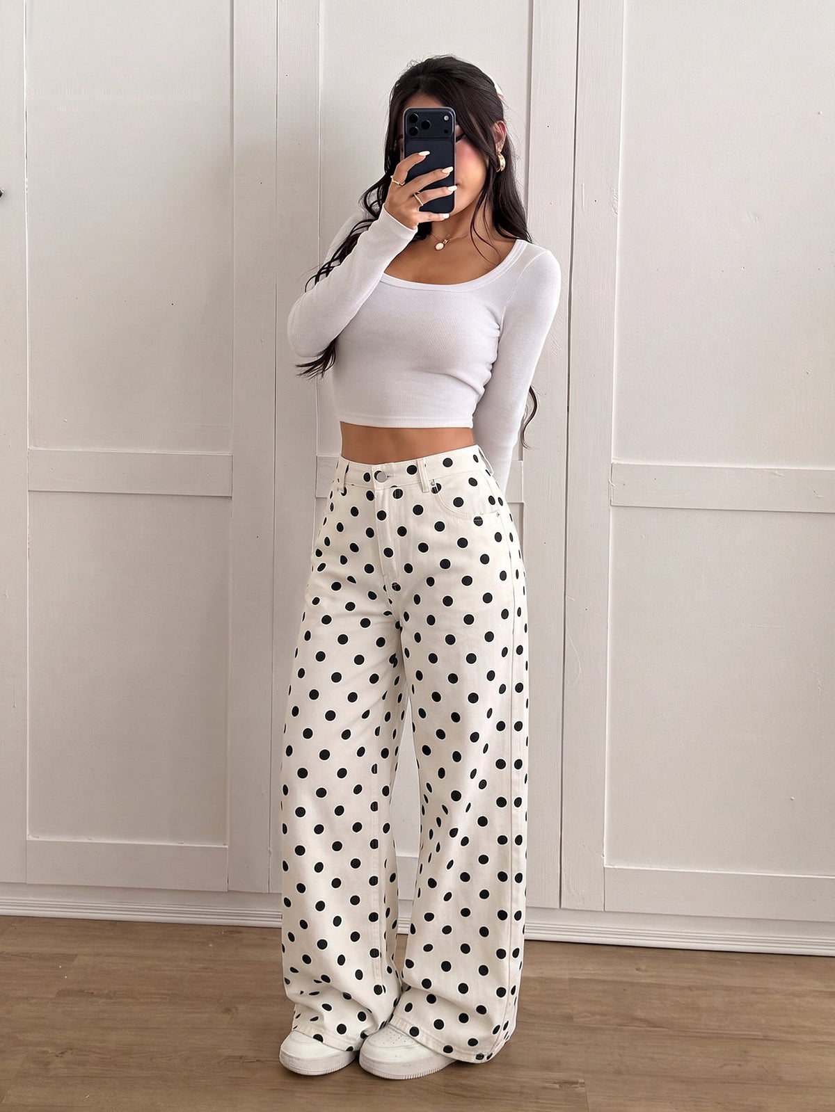 Black Polka Dot High Waist Loose Wide Leg Denim Pants