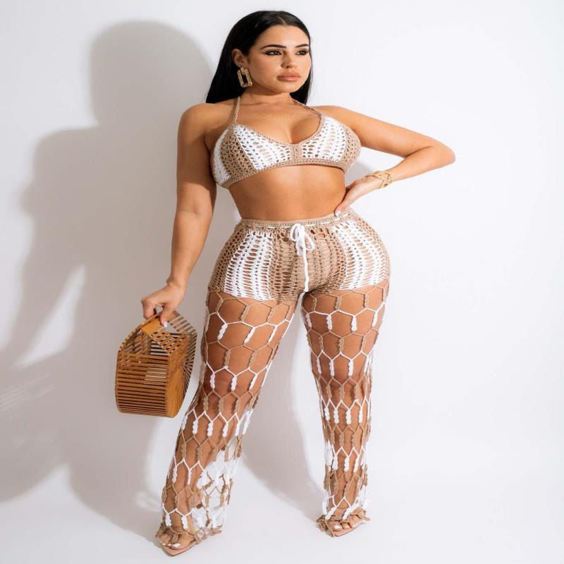 Color Block See-Through Hollow-Out Crochet Fishnet Pants Two-Piece Set for Beachwear