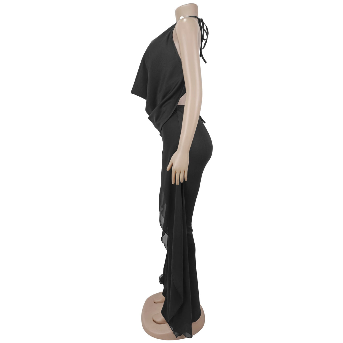 Halter Cowl Neck Irregular Tassel Top & Wide Leg Pants Set for Casual Wear