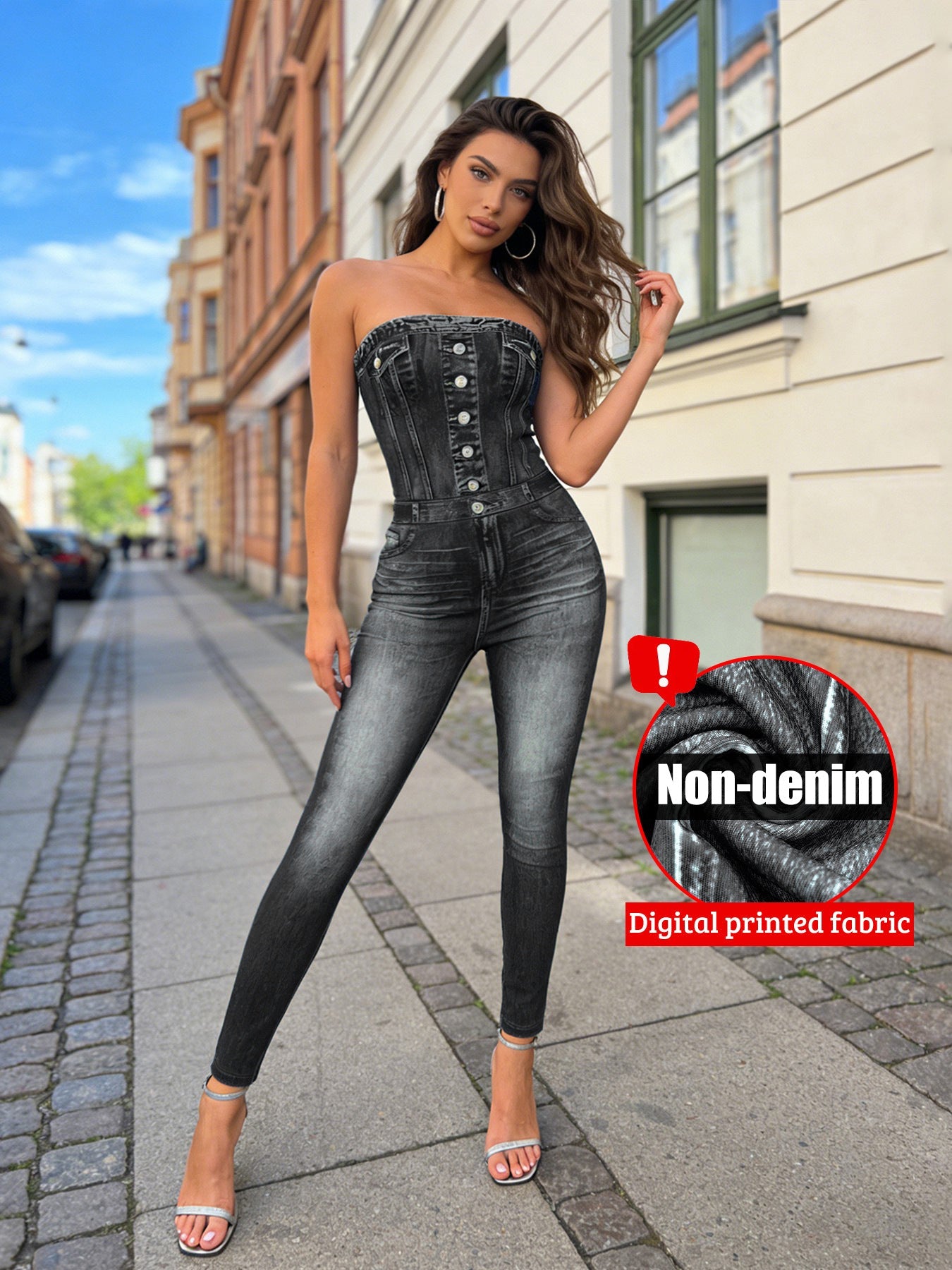 Denim Pattern Printed Slim Stretch Overall Jumpsuit for Spring & Summer Casual