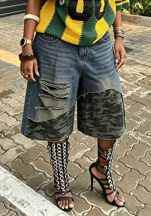 Faux Two-Piece Camouflage Patchwork Ripped Denim Shorts for Streetwear