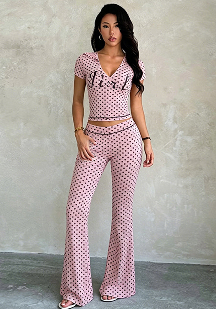 Polka Dot Short-Sleeve Zip-Up Pants Set for Summer Casual