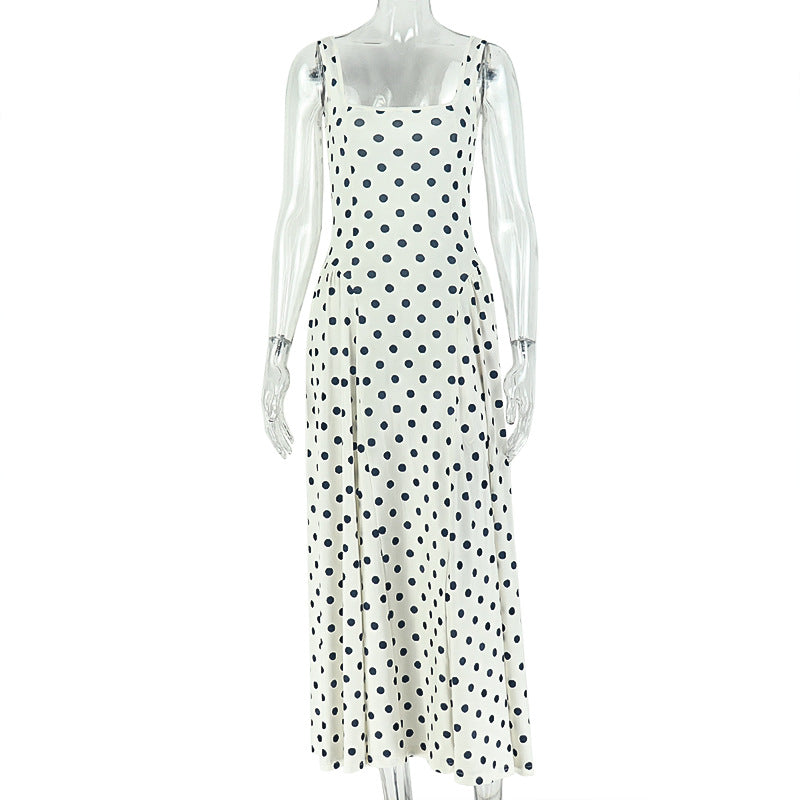 Polka Dot Round Neck Sleeveless A-Line Strap Dress for Casual Wear
