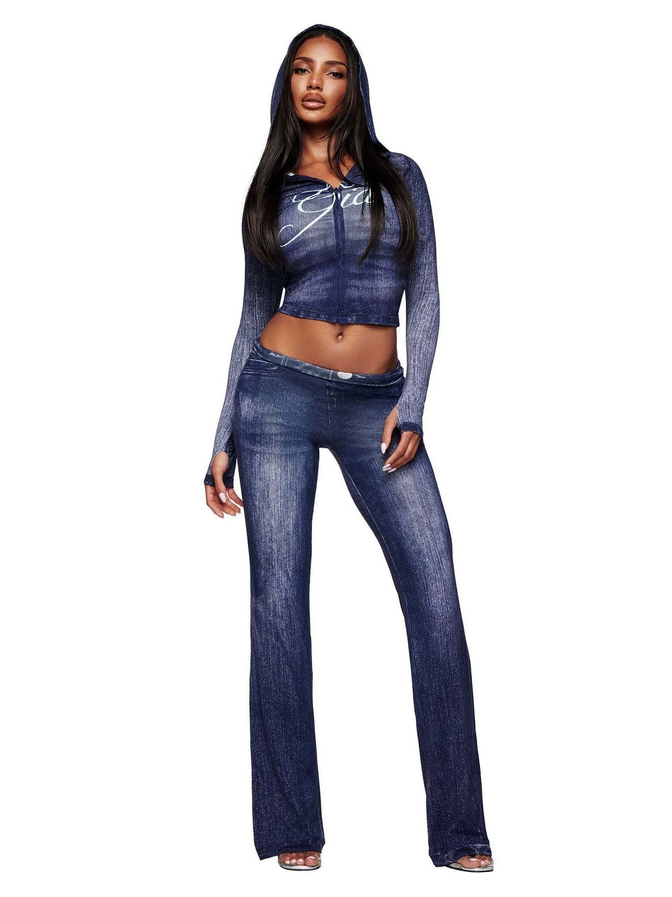 Printed Zip-Up Hoodie & Bodycon Pants Set for Casual Activewear
