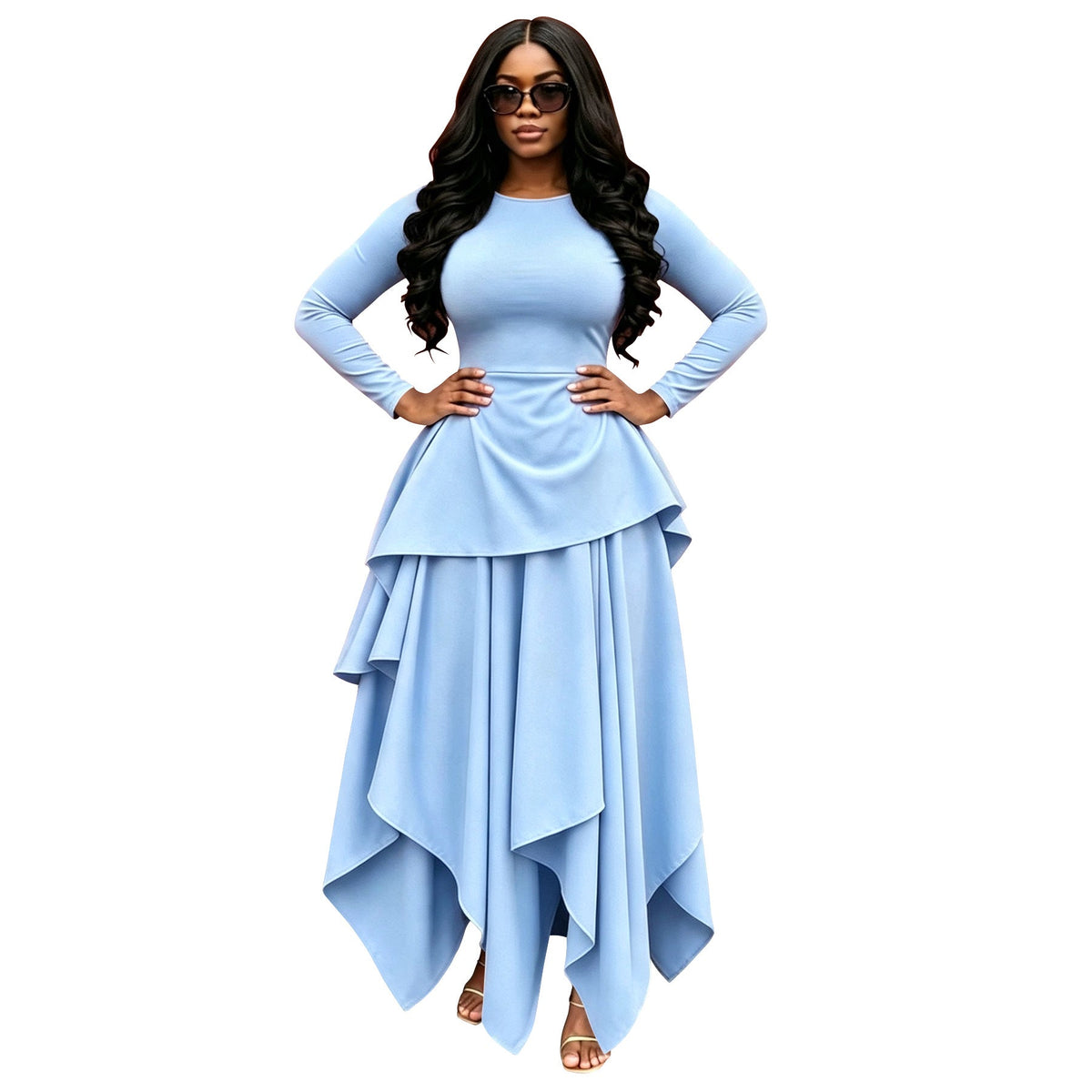 Round Neck Long Sleeve Ruffle Hem Irregular Flare Dress for Casual Wear