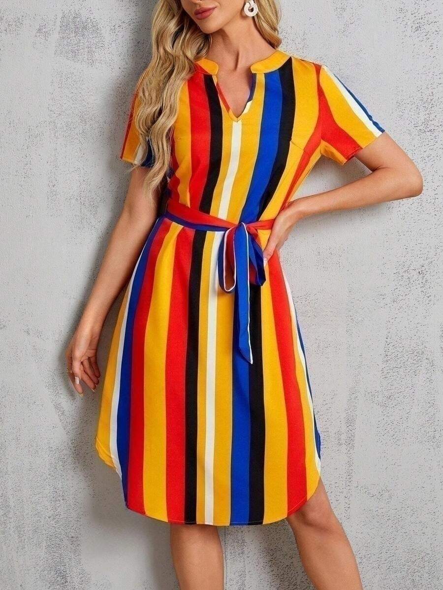 Striped V-Neck Short Sleeve Dress for Summer Casual