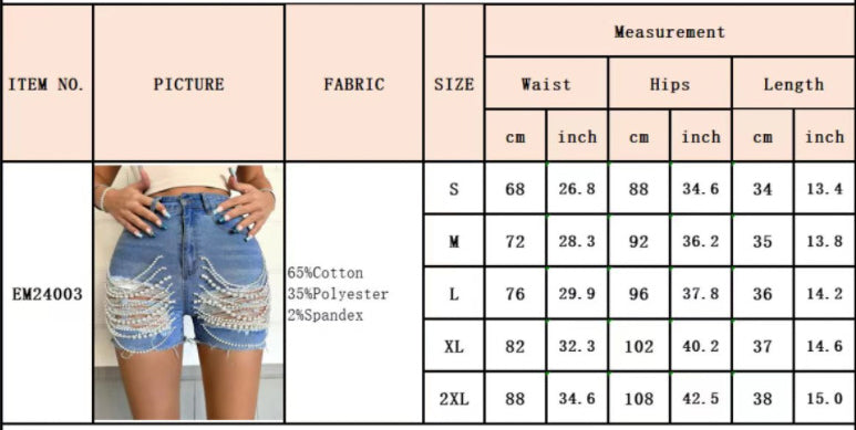 High Waist Slim Fit Ripped Beaded Denim Shorts for Summer Streetwear